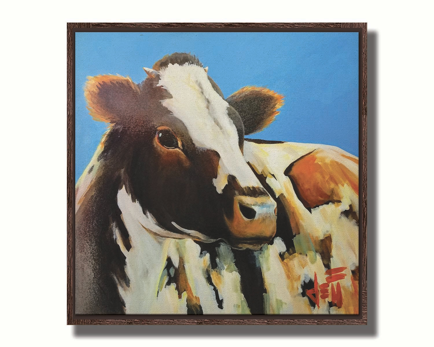 A painting of a cow basking in the sun against a bright blue background. Printed on canvas in a float frame.