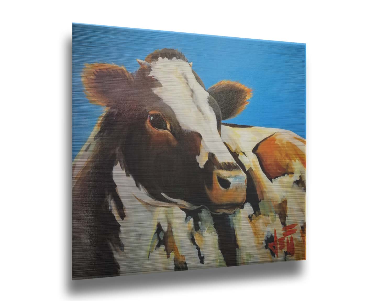 A painting of a cow basking in the sun against a bright blue background. Printed on metal.