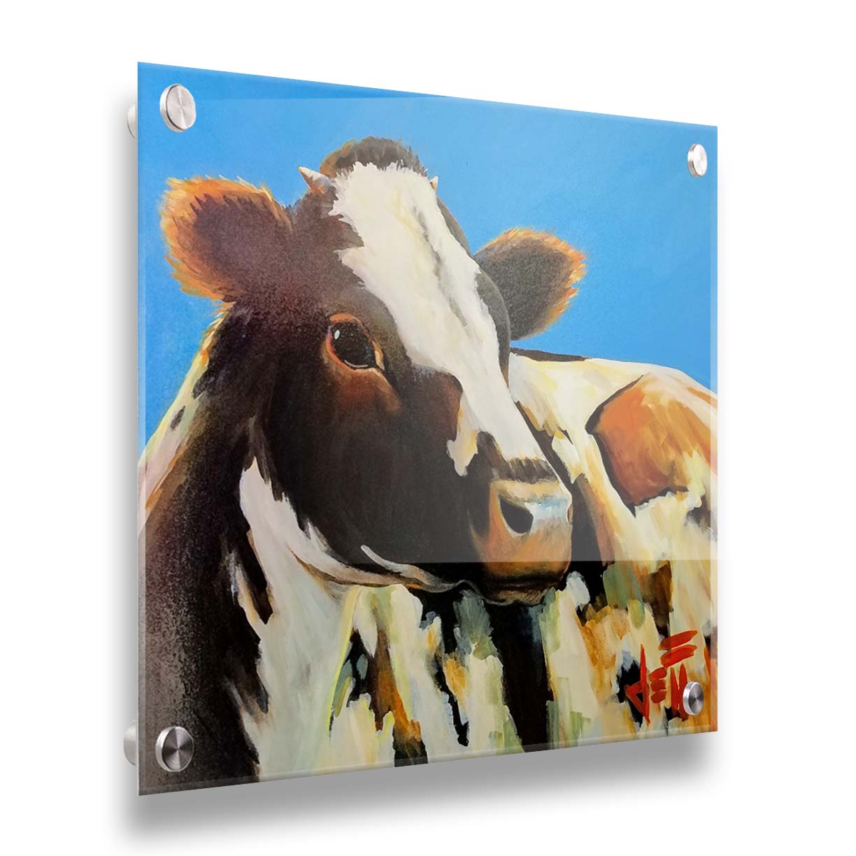 A painting of a cow basking in the sun against a bright blue background. Printed on acrylic.