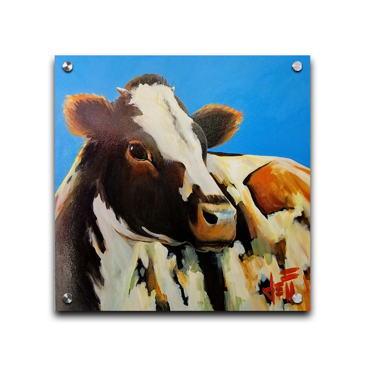 A painting of a cow basking in the sun against a bright blue background. Printed on acrylic.