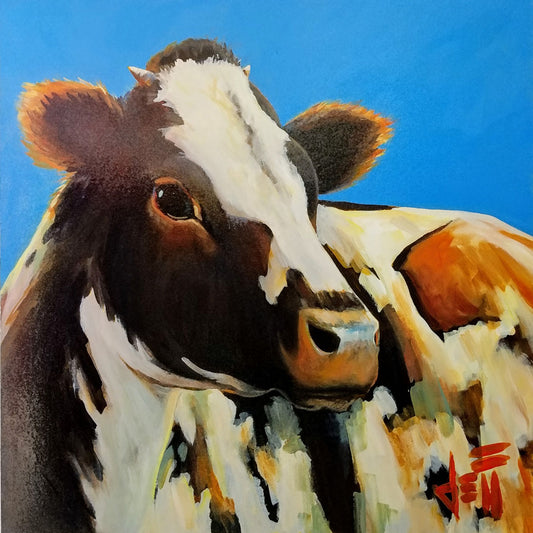 A painting of a cow basking in the sun against a bright blue background. 