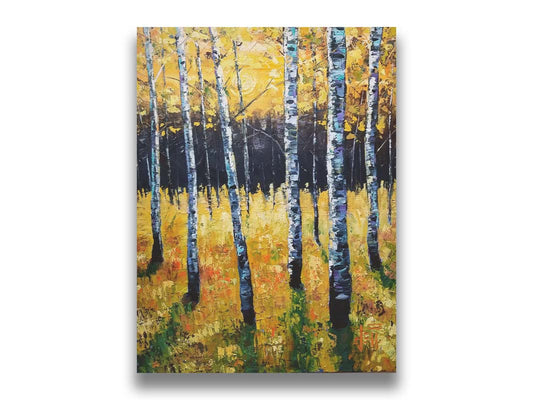 A painting of an aspen forest with yellow leaves. Sunlight shines boldly down through the trees, creating deep green shadows on the ground below. Printed on canvas.