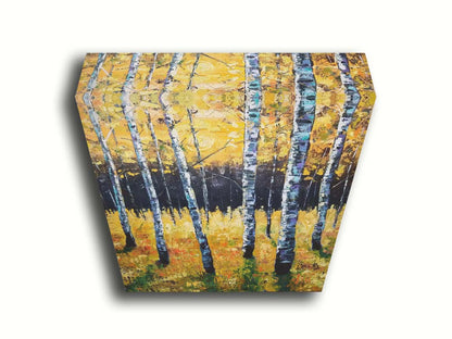 A painting of an aspen forest with yellow leaves. Sunlight shines boldly down through the trees, creating deep green shadows on the ground below. Printed on canvas.