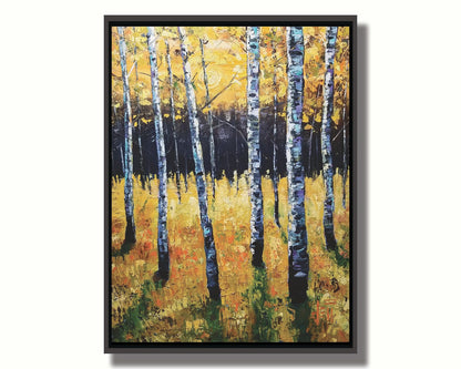 A painting of an aspen forest with yellow leaves. Sunlight shines boldly down through the trees, creating deep green shadows on the ground below. Printed on canvas in a float frame.