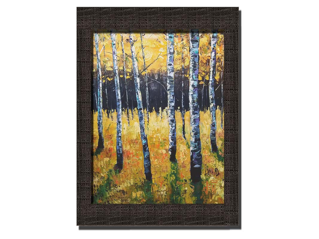 A painting of an aspen forest with yellow leaves. Sunlight shines boldly down through the trees, creating deep green shadows on the ground below. Printed on canvas and framed.