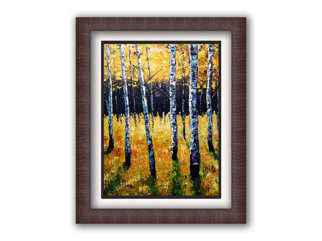 A painting of an aspen forest with yellow leaves. Sunlight shines boldly down through the trees, creating deep green shadows on the ground below. Printed on paper, matted, and framed.