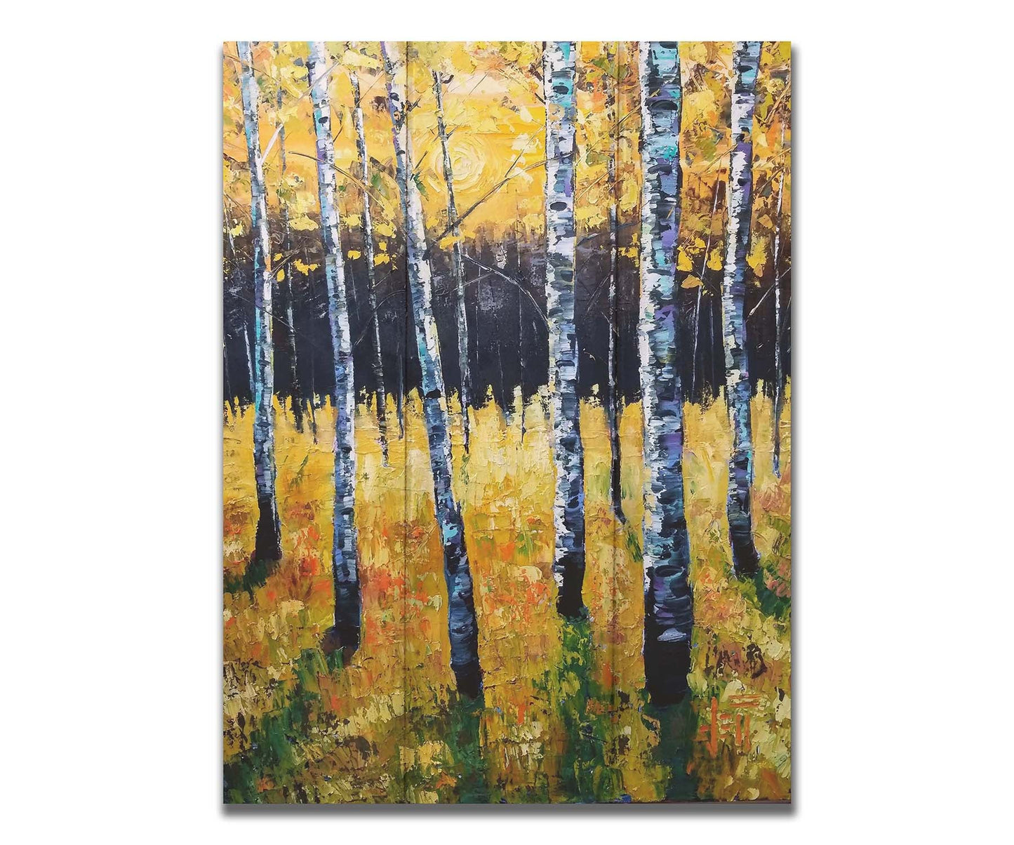 A painting of an aspen forest with yellow leaves. Sunlight shines boldly down through the trees, creating deep green shadows on the ground below. Printed on a box board.