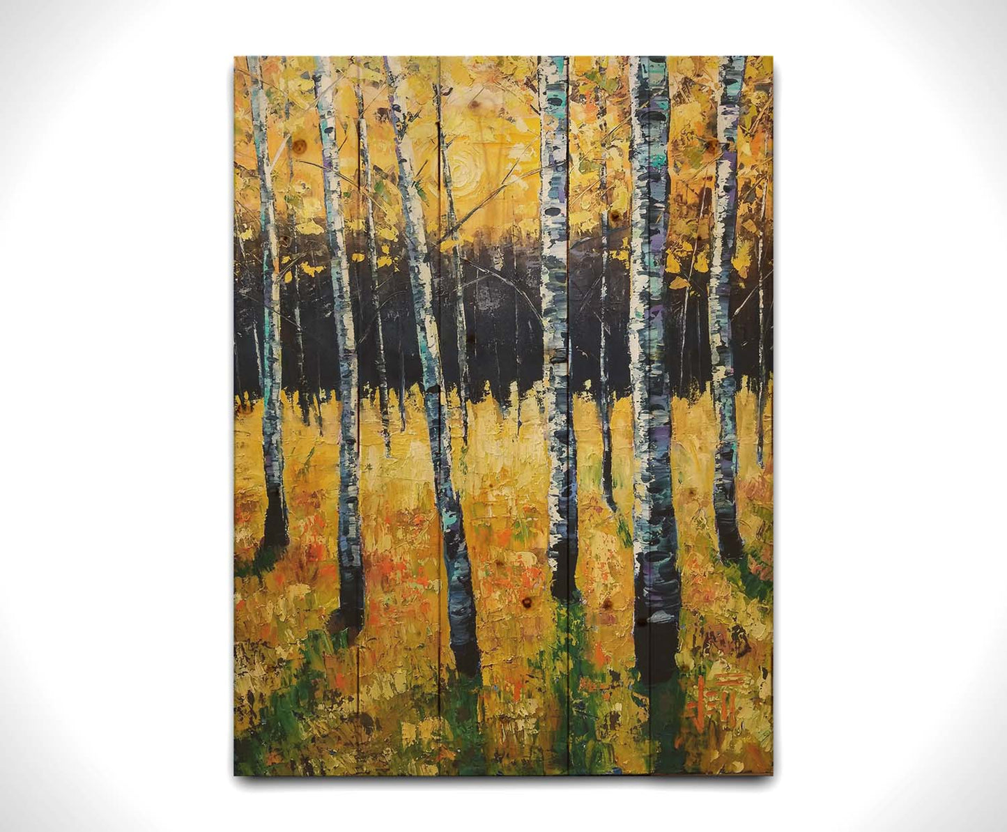 A painting of an aspen forest with yellow leaves. Sunlight shines boldly down through the trees, creating deep green shadows on the ground below. Printed on a wood pallet.