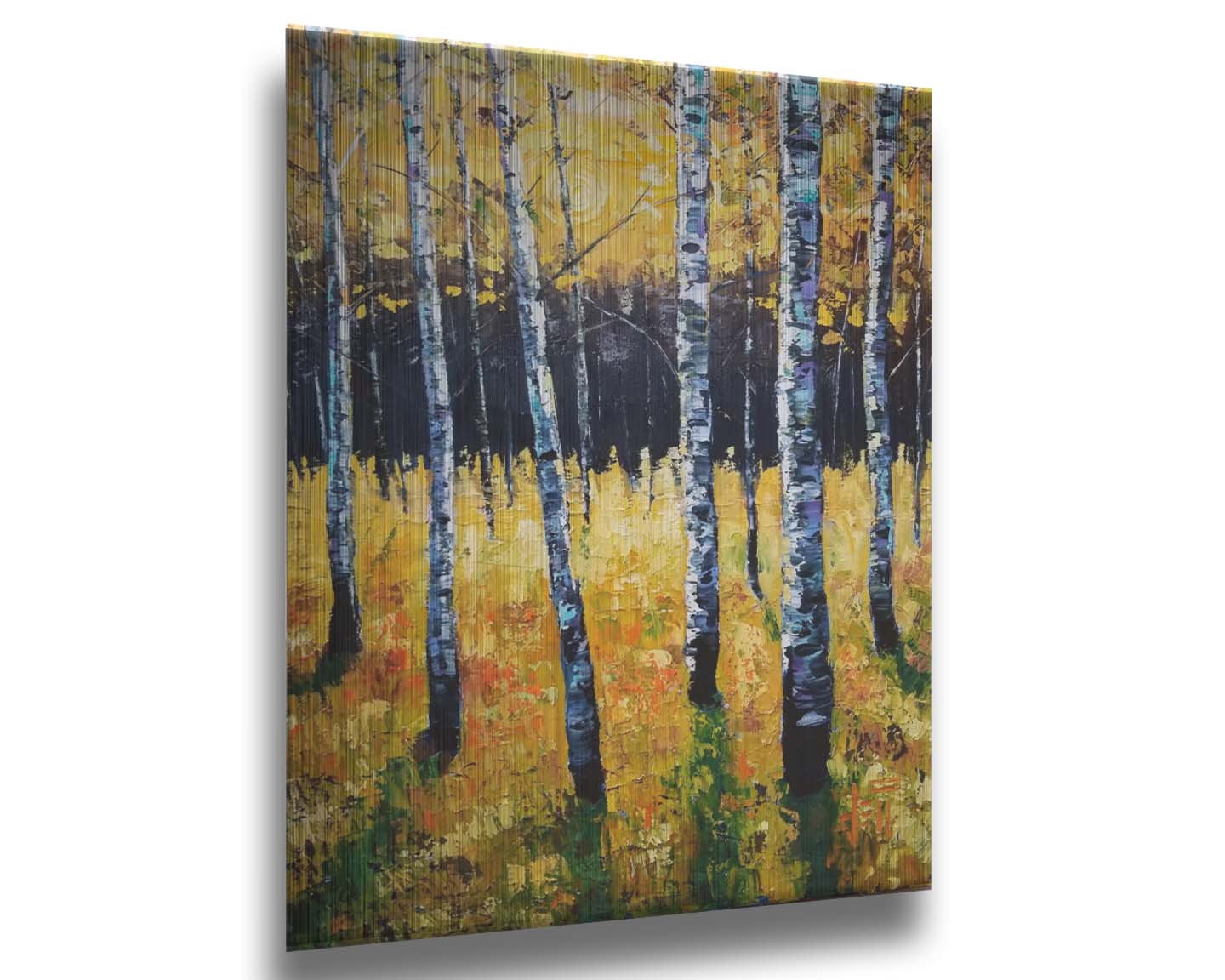 A painting of an aspen forest with yellow leaves. Sunlight shines boldly down through the trees, creating deep green shadows on the ground below. Printed on metal.