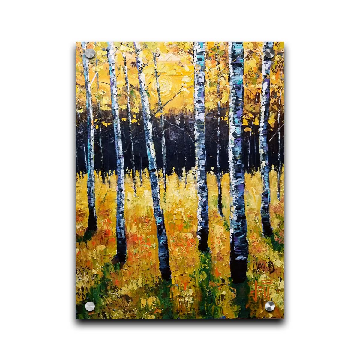 A painting of an aspen forest with yellow leaves. Sunlight shines boldly down through the trees, creating deep green shadows on the ground below. Printed on acrylic.