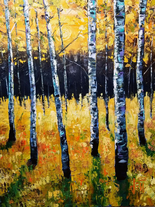 A painting of an aspen forest with yellow leaves. Sunlight shines boldly down through the trees, creating deep green shadows on the ground below.