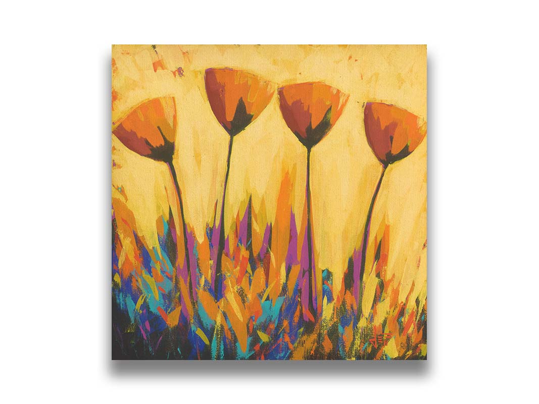 A painting of four simplified orange flowers against a yellow background, accented by purple and blue. Printed on canvas.