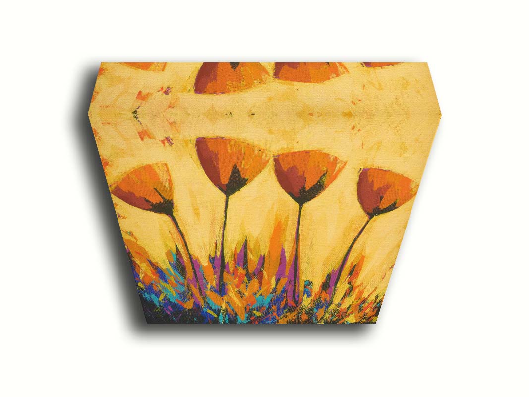 A painting of four simplified orange flowers against a yellow background, accented by purple and blue. Printed on canvas.