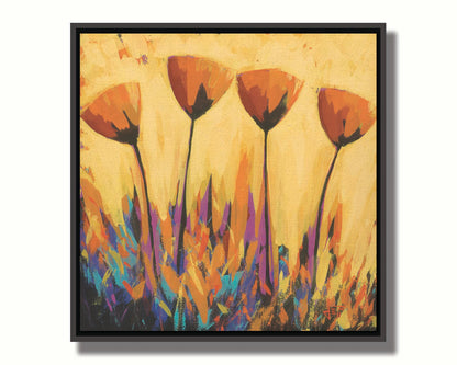 A painting of four simplified orange flowers against a yellow background, accented by purple and blue. Printed on canvas in a float frame.