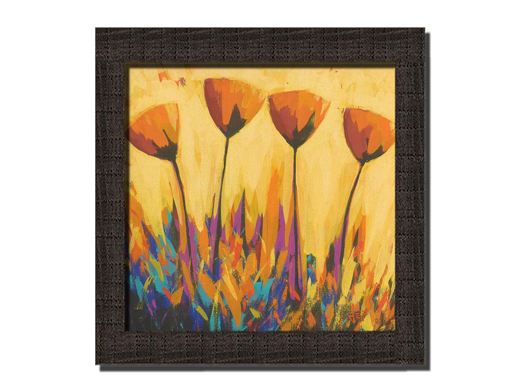 A painting of four simplified orange flowers against a yellow background, accented by purple and blue. Printed on canvas and framed.