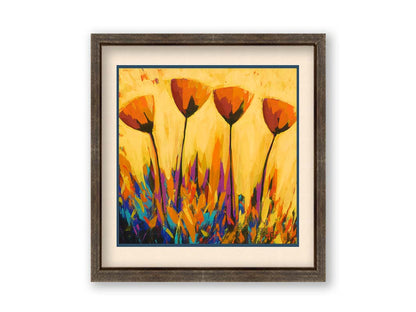 A painting of four simplified orange flowers against a yellow background, accented by purple and blue. Printed on paper, matted, and framed.