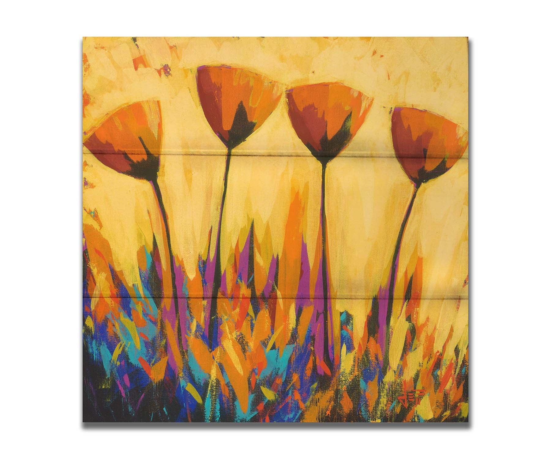 A painting of four simplified orange flowers against a yellow background, accented by purple and blue. Printed on a box board.