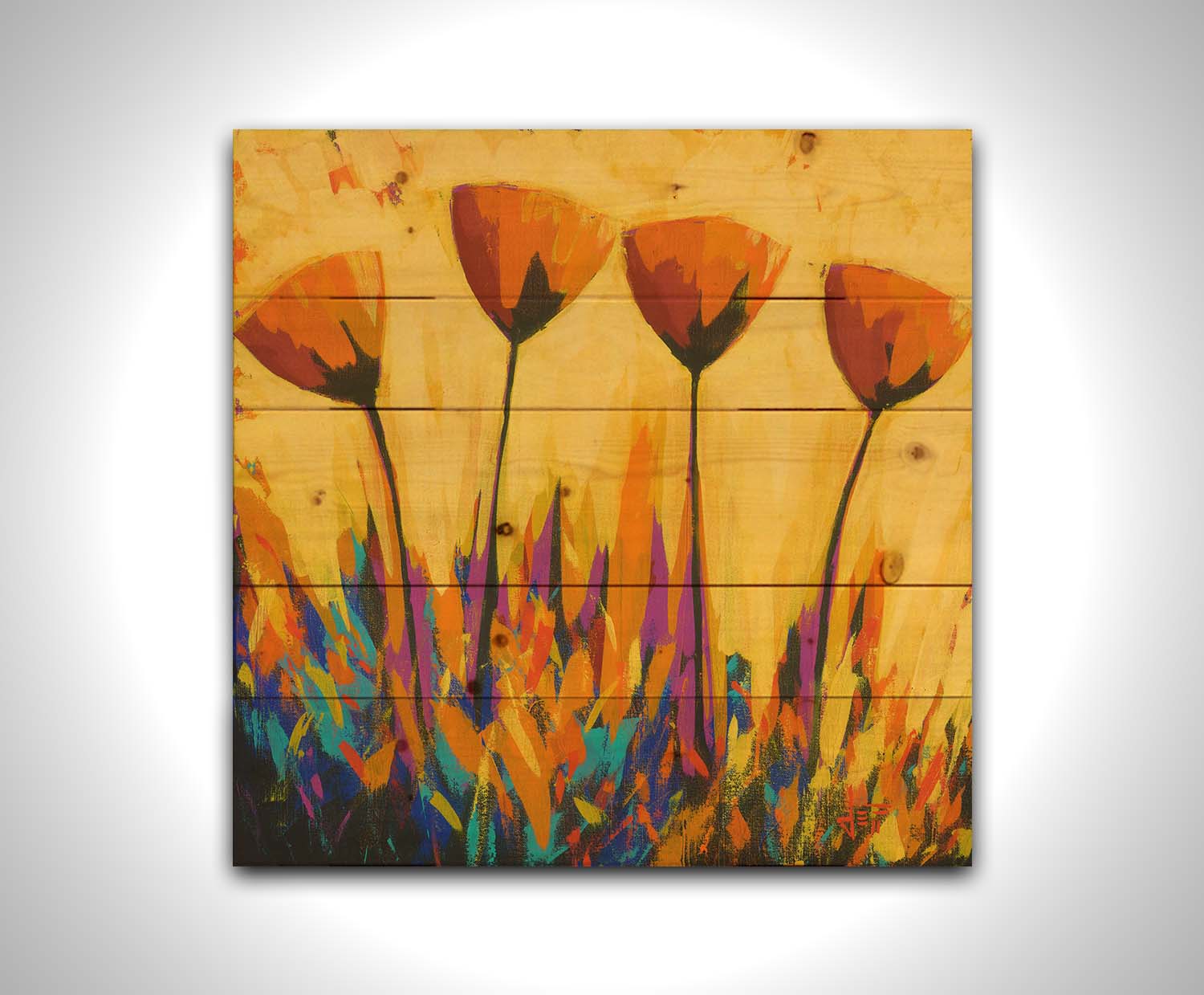 A painting of four simplified orange flowers against a yellow background, accented by purple and blue. Printed on a wood pallet.