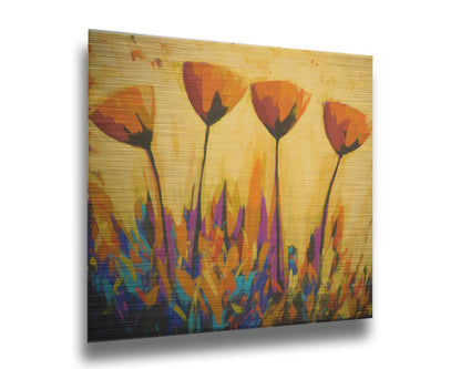 A painting of four simplified orange flowers against a yellow background, accented by purple and blue. Printed on metal.