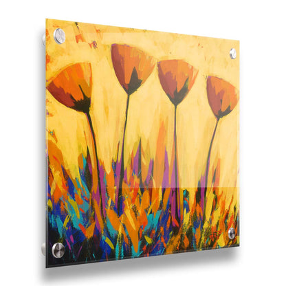 A painting of four simplified orange flowers against a yellow background, accented by purple and blue. Printed on acrylic.