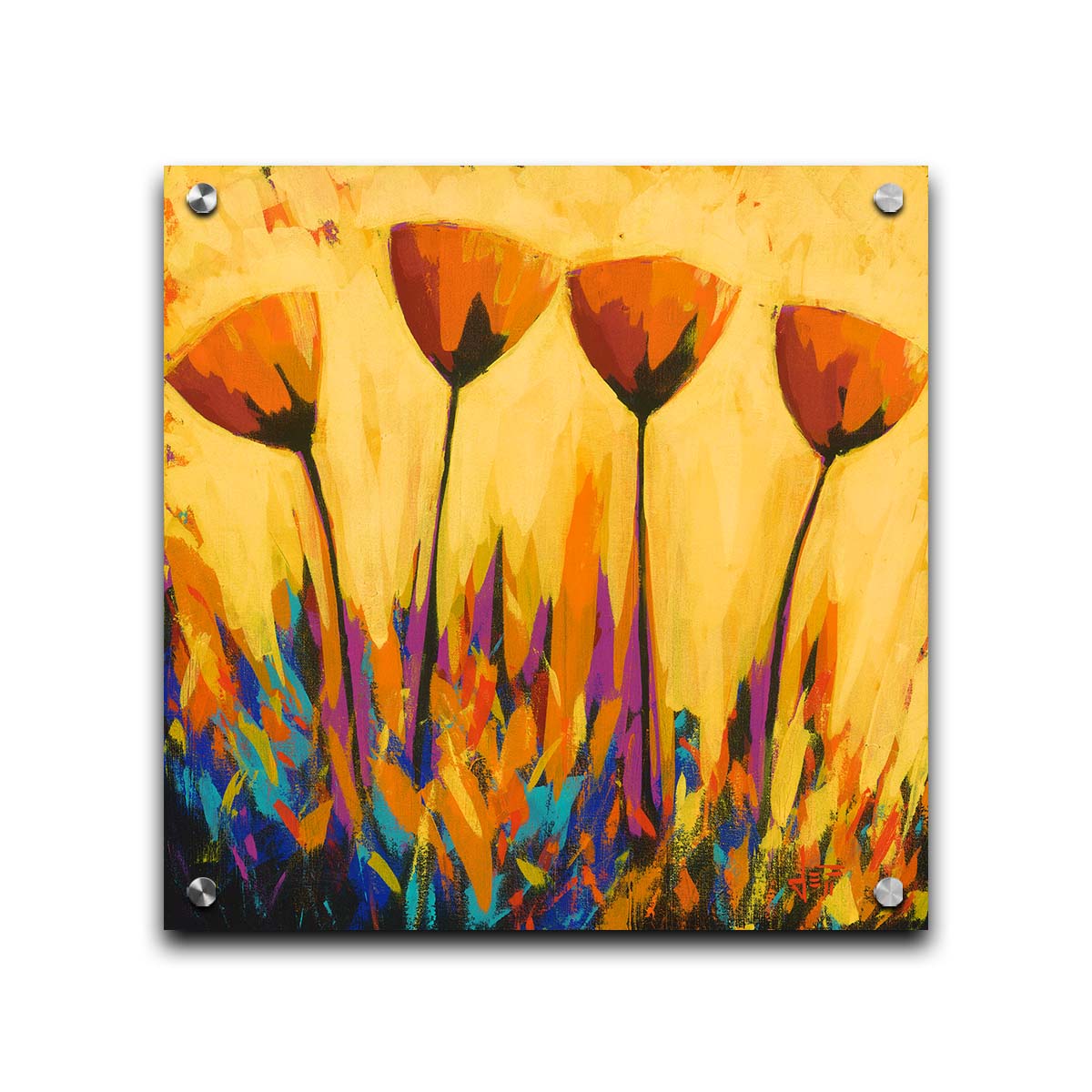 A painting of four simplified orange flowers against a yellow background, accented by purple and blue. Printed on acrylic.