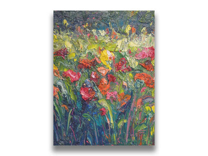 An abstract painting of a field of flowers, formed with wide brushtrokes and thick blobs of paint. Printed on canvas.