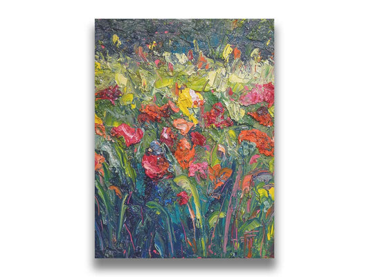 An abstract painting of a field of flowers, formed with wide brushtrokes and thick blobs of paint. Printed on canvas.