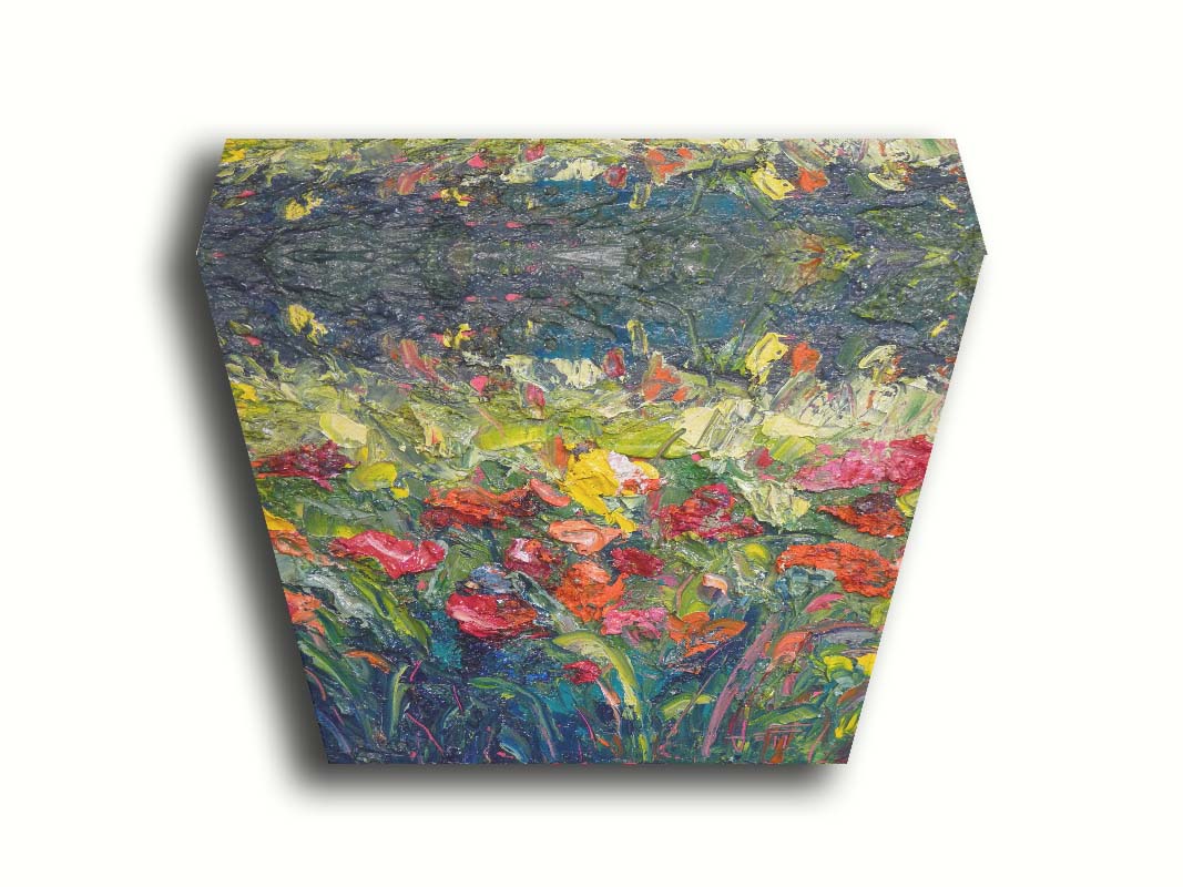 An abstract painting of a field of flowers, formed with wide brushtrokes and thick blobs of paint. Printed on canvas.