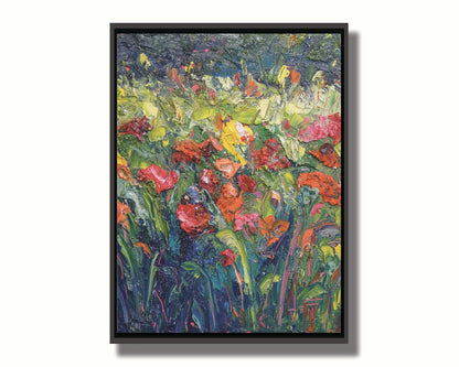 An abstract painting of a field of flowers, formed with wide brushtrokes and thick blobs of paint. Printed on canvas in a float frame.