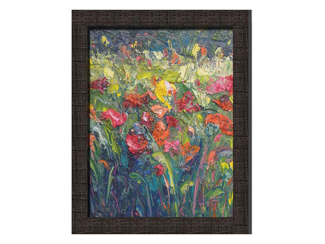 An abstract painting of a field of flowers, formed with wide brushtrokes and thick blobs of paint. Printed on canvas and framed.