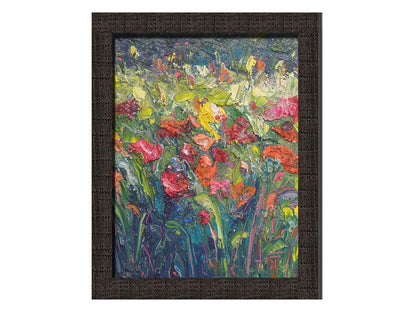 An abstract painting of a field of flowers, formed with wide brushtrokes and thick blobs of paint. Printed on canvas and framed.