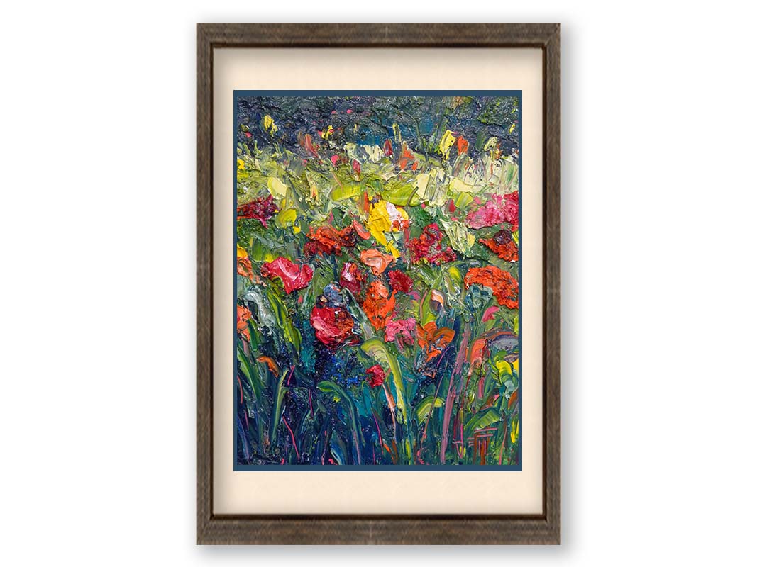 An abstract painting of a field of flowers, formed with wide brushtrokes and thick blobs of paint.Printed on paper, matted, and framed.