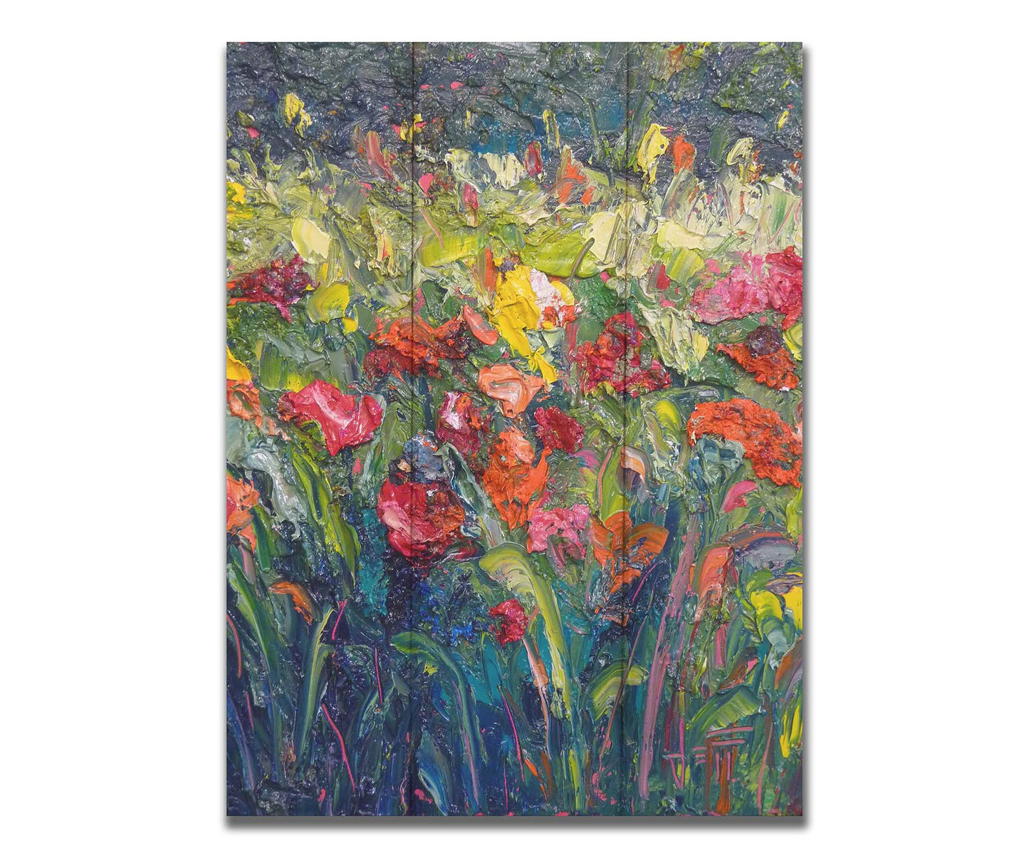 An abstract painting of a field of flowers, formed with wide brushtrokes and thick blobs of paint. Printed on a box board.