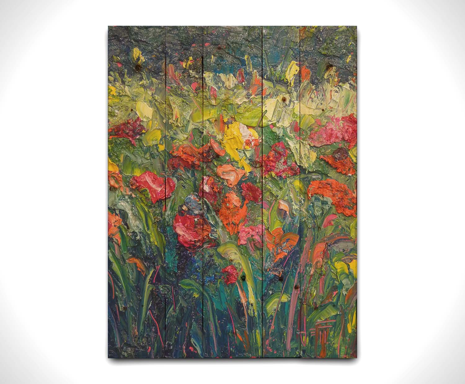 An abstract painting of a field of flowers, formed with wide brushtrokes and thick blobs of paint. Printed on a wood pallet.