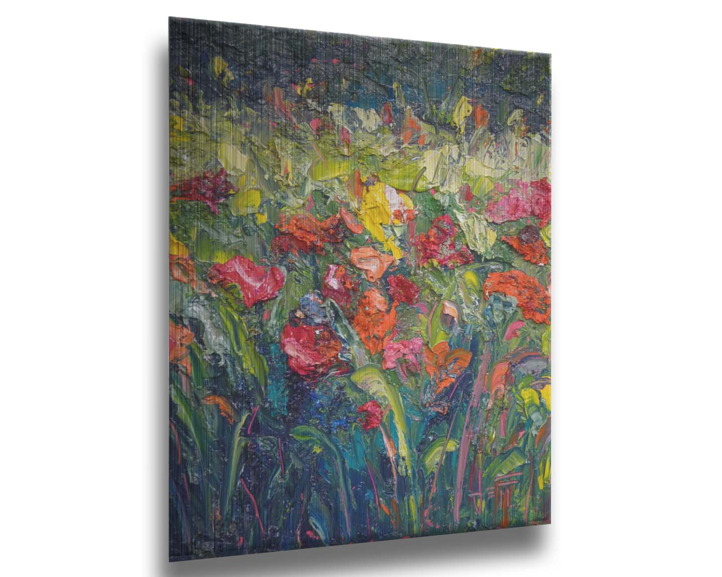 An abstract painting of a field of flowers, formed with wide brushtrokes and thick blobs of paint. Printed on metal.