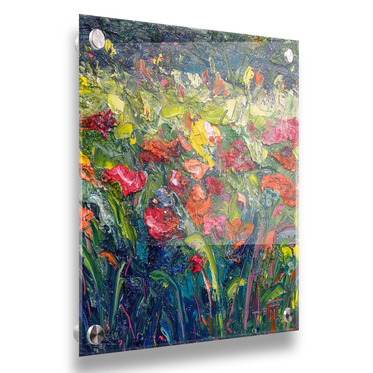 An abstract painting of a field of flowers, formed with wide brushtrokes and thick blobs of paint. Printed on acrylic.