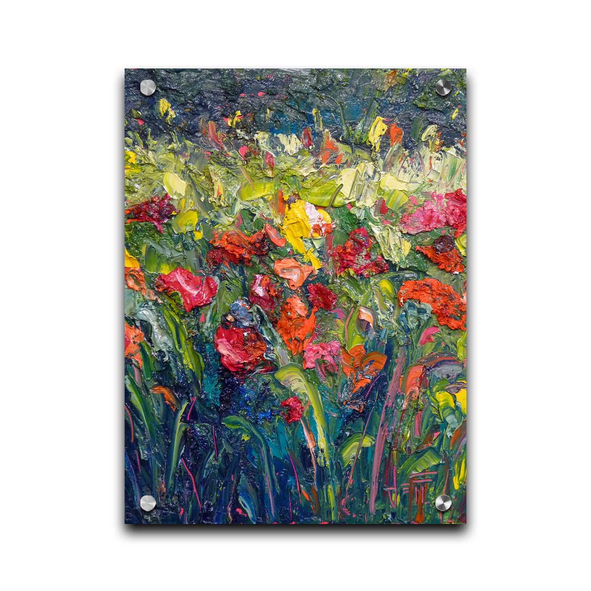 An abstract painting of a field of flowers, formed with wide brushtrokes and thick blobs of paint. Printed on acrylic.