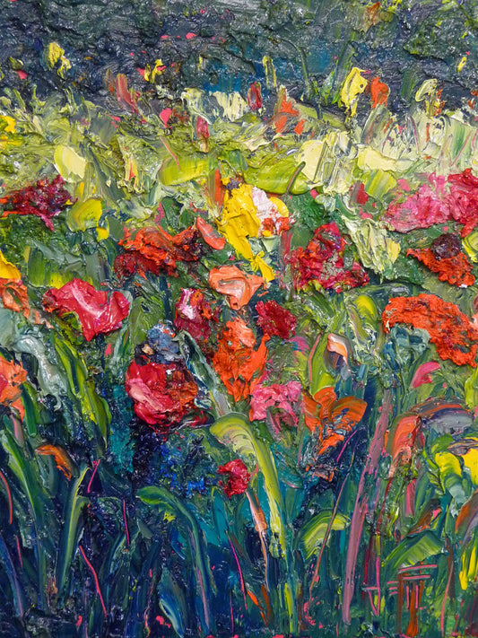 An abstract painting of a field of flowers, formed with wide brushtrokes and thick blobs of paint.