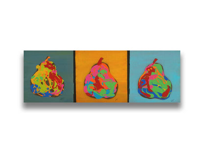 A drip painting triptych of colorful, abstracted pears in a contemporary, graphic style. Printed on canvas.