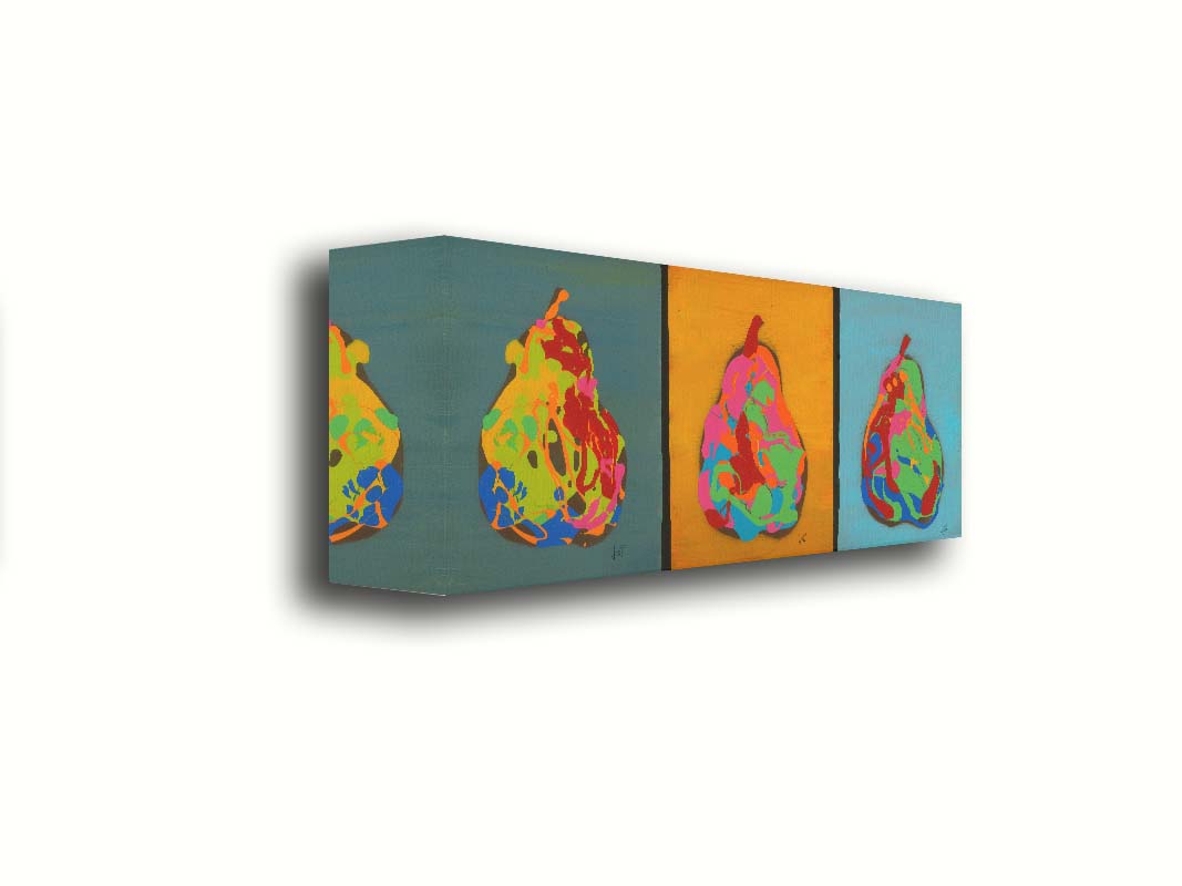 A drip painting triptych of colorful, abstracted pears in a contemporary, graphic style. Printed on canvas.