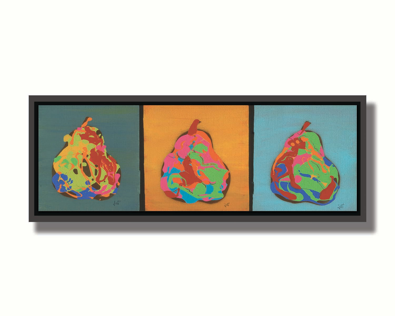 A drip painting triptych of colorful, abstracted pears in a contemporary, graphic style. Printed on canvas in a float frame.