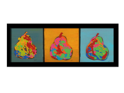 A drip painting triptych of colorful, abstracted pears in a contemporary, graphic style. Printed on canvas and framed.