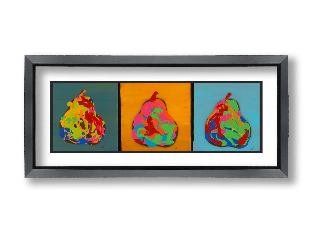 A drip painting triptych of colorful, abstracted pears in a contemporary, graphic style. Printed on paper, matted, and framed.