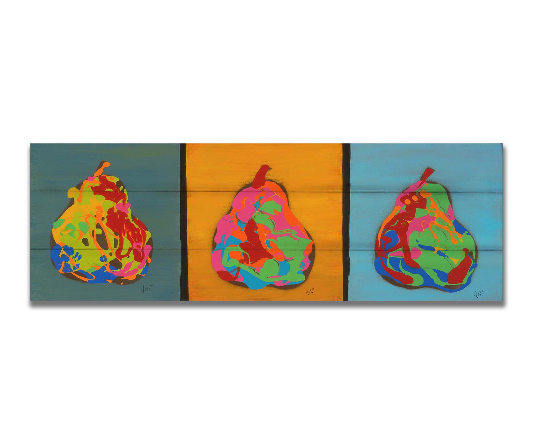 A drip painting triptych of colorful, abstracted pears in a contemporary, graphic style. Printed on a box board.