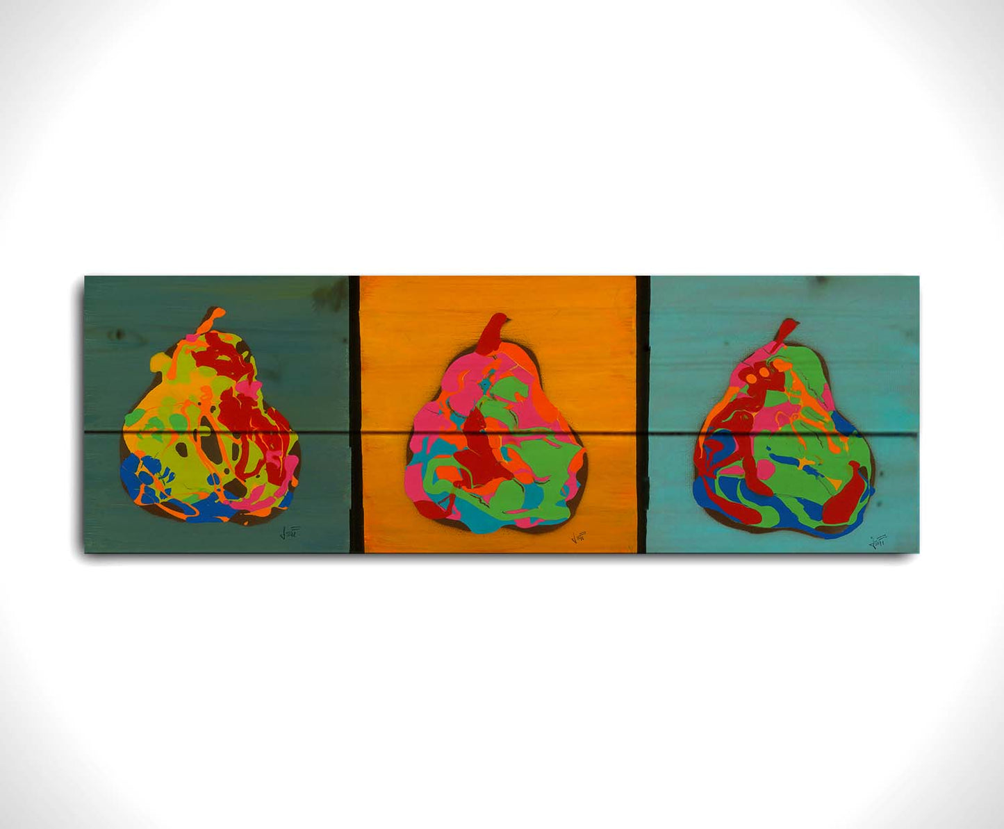 A drip painting triptych of colorful, abstracted pears in a contemporary, graphic style. Printed on a wood pallet.