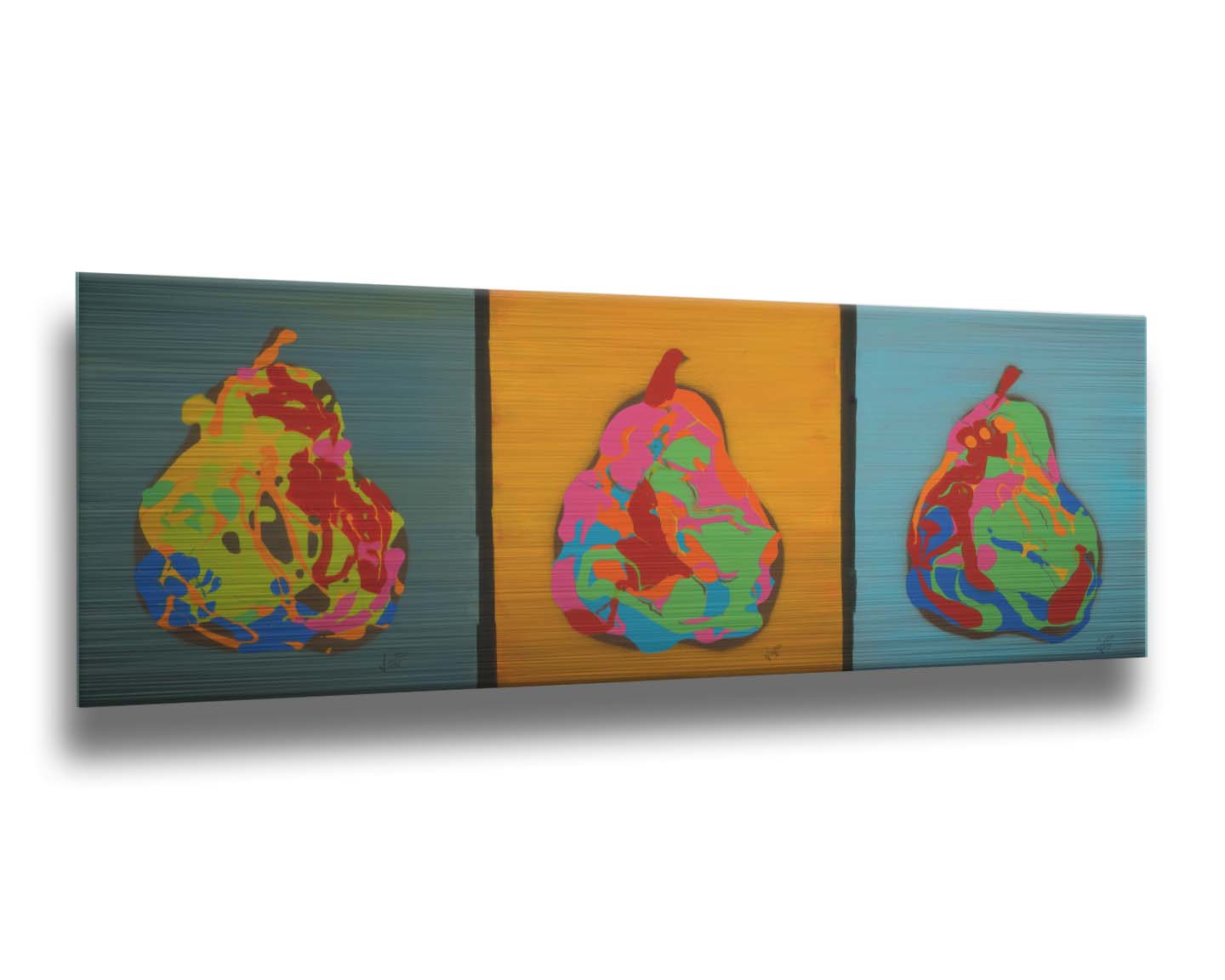 A drip painting triptych of colorful, abstracted pears in a contemporary, graphic style. Printed on metal.