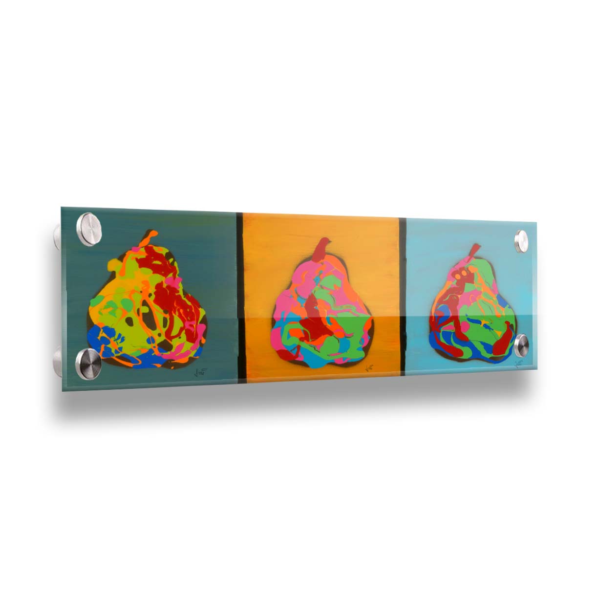 A drip painting triptych of colorful, abstracted pears in a contemporary, graphic style. Printed on acrylic.