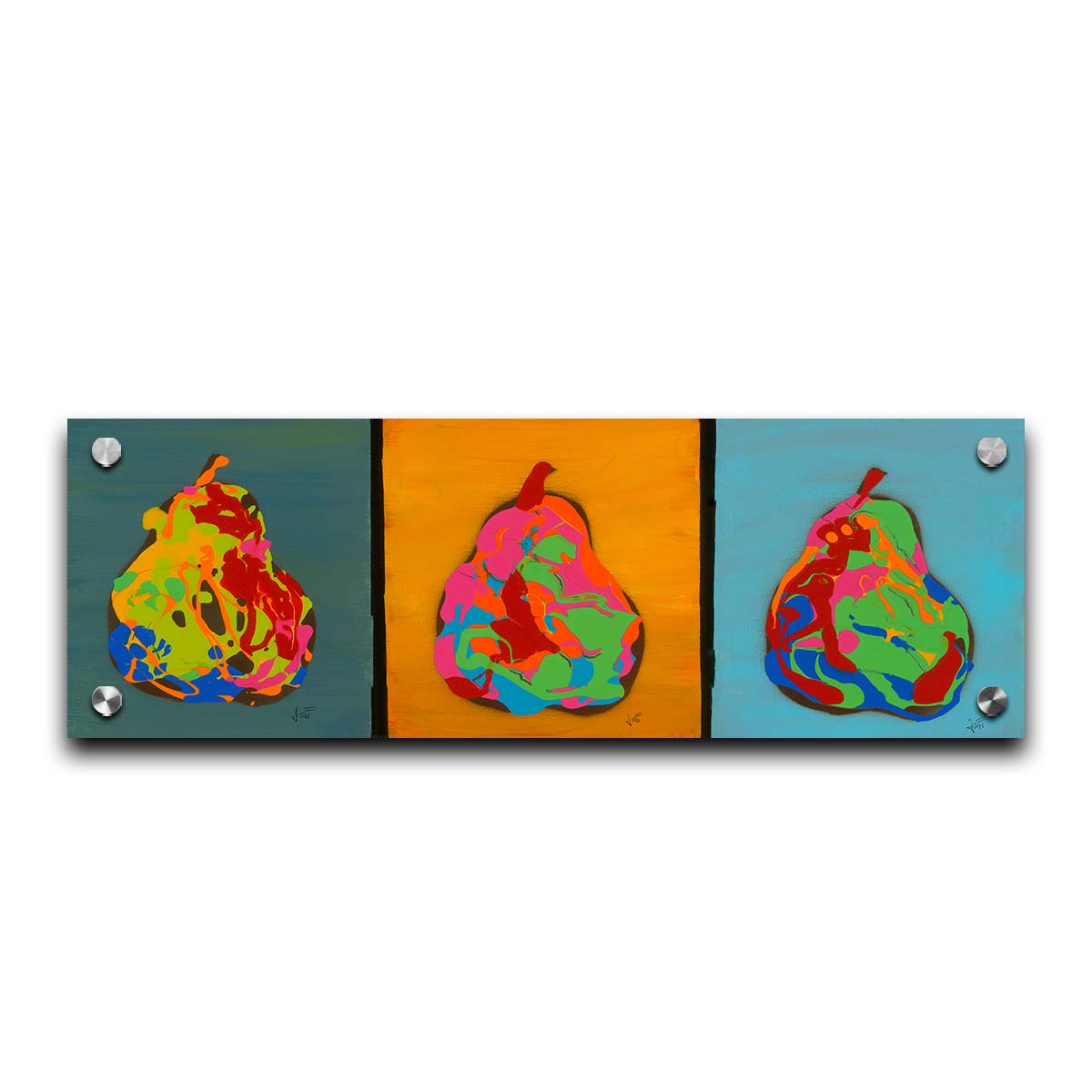 A drip painting triptych of colorful, abstracted pears in a contemporary, graphic style. Printed on acrylic.