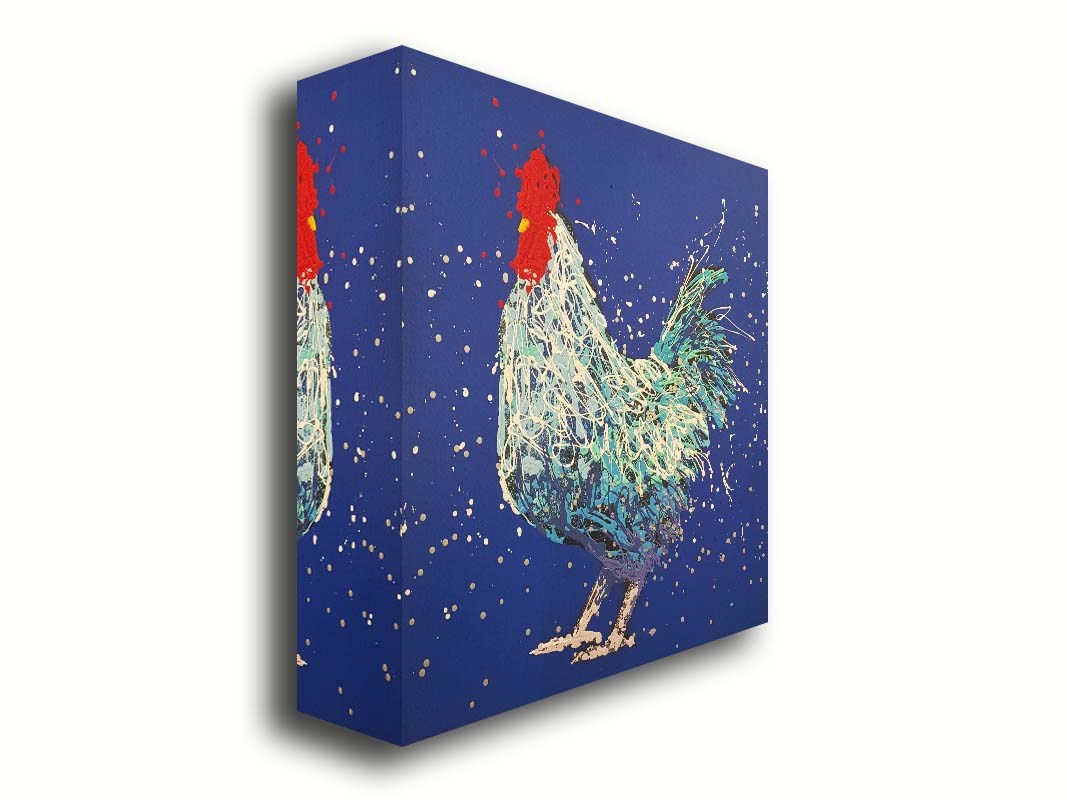 A drip painting of a white and blue rooster on a vibrant blue background. Printed on canvas.