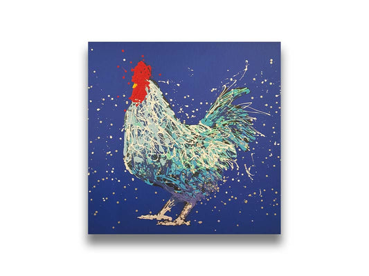 A drip painting of a white and blue rooster on a vibrant blue background. Printed on canvas.